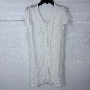 ASHA white floral embroidered lightweight tie front midi dress size large